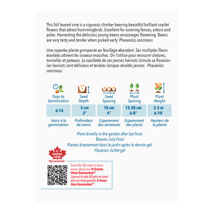 Seed packet with plant information and QR code on a white background