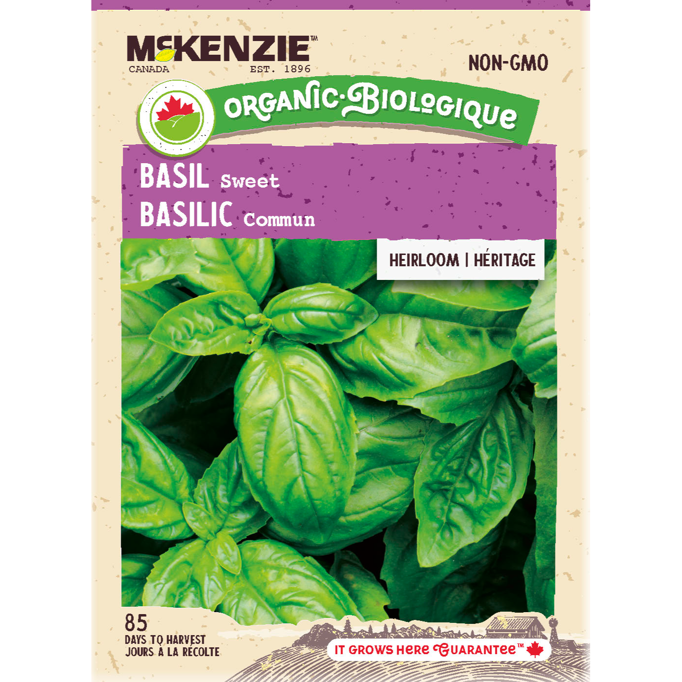 Basil seed packet with green leaves and McKenzie branding