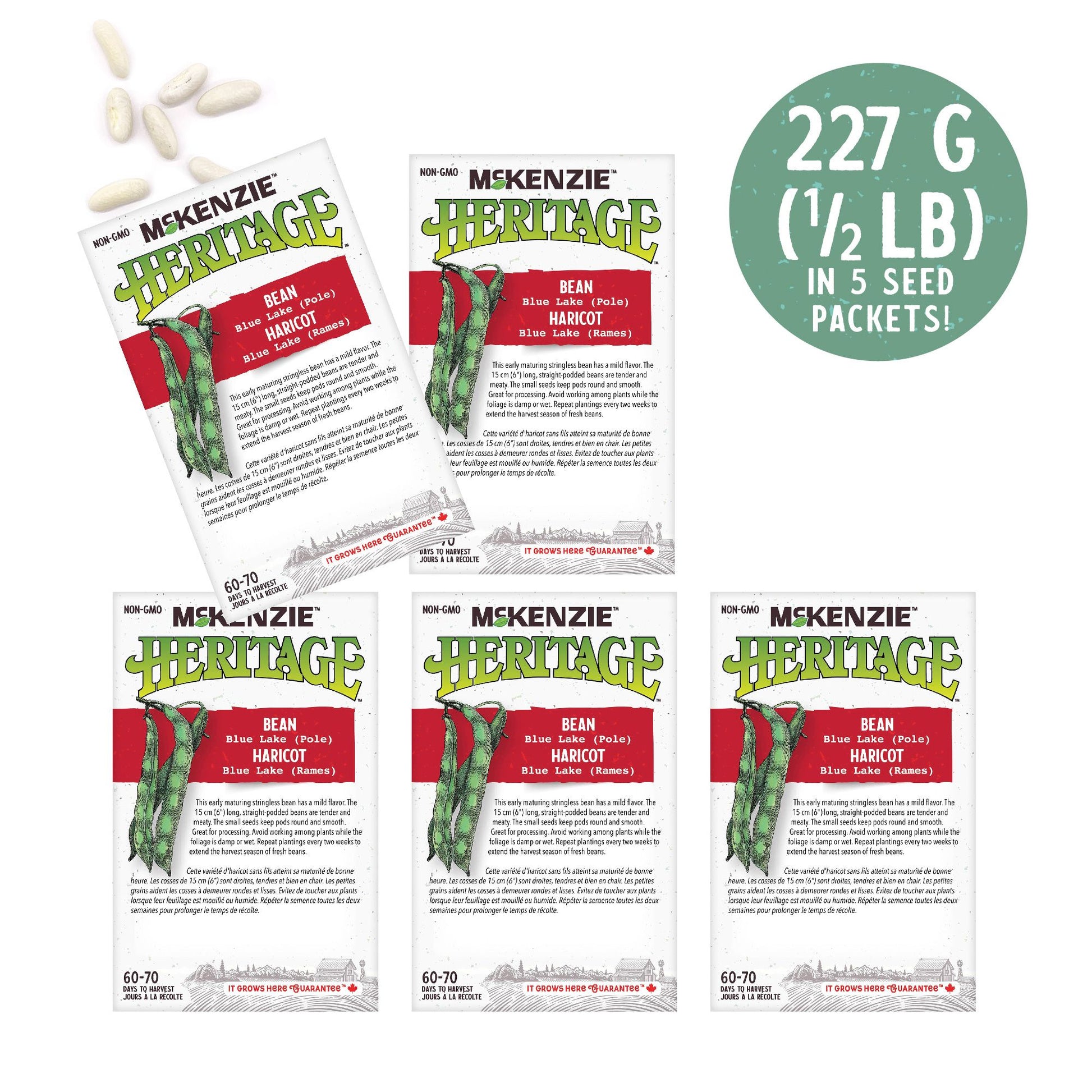 Front packaging of McKenzie Seeds Bean Blue Lake Pole 5 packets with call out
