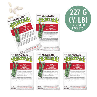 Front packaging of McKenzie Seeds Bean Blue Lake Pole 5 packets with call out