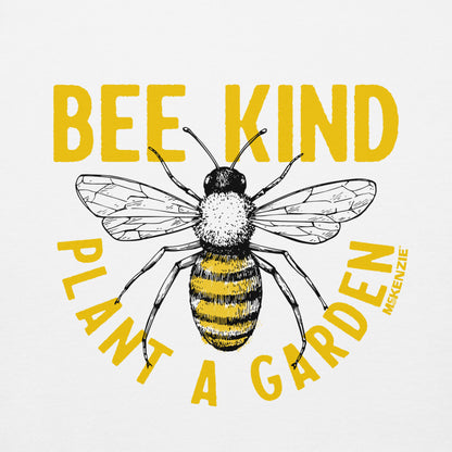 A graphic design featuring a hand-drawn bee in black and yellow, with the text 'BEE KIND' above and 'PLANT A GARDEN' below in yellow. The brand name 'MCKENZIE' is printed vertically in small black letters on the right side of the bee.