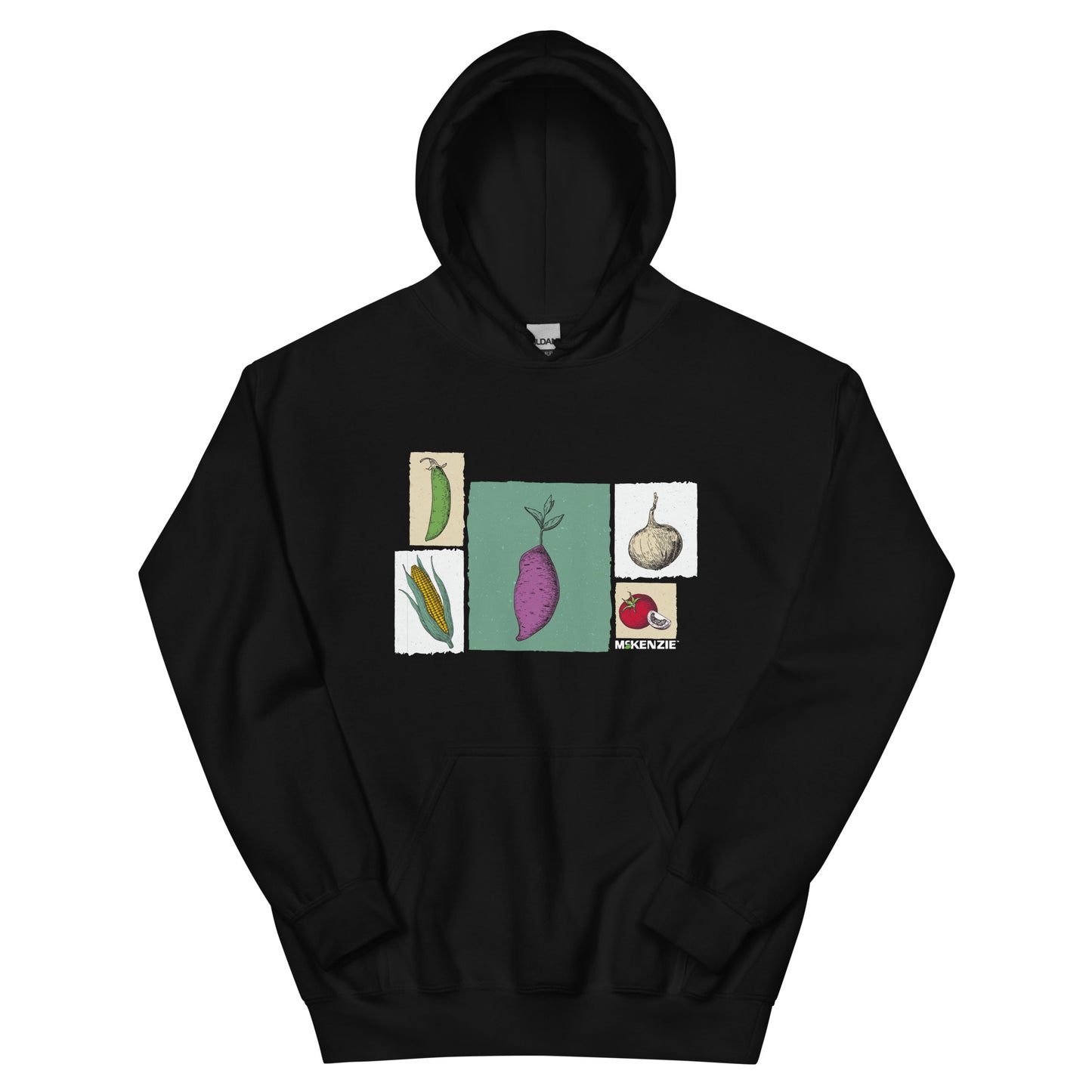 Black hoodie with vegetable illustrations on a white background