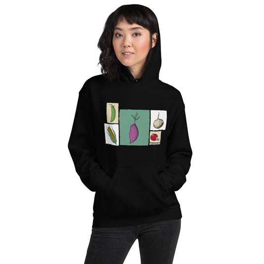 Person wearing a black hoodie with vegetable illustrations on a white background
