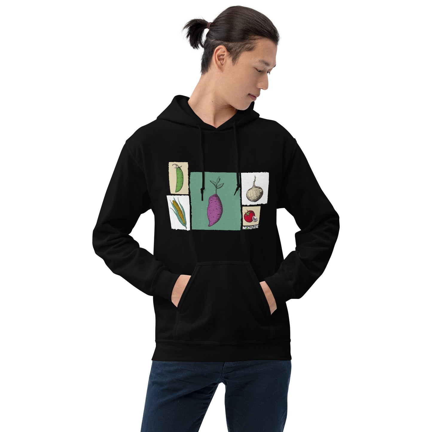 Person wearing a black hoodie with a colorful graphic design on a white background