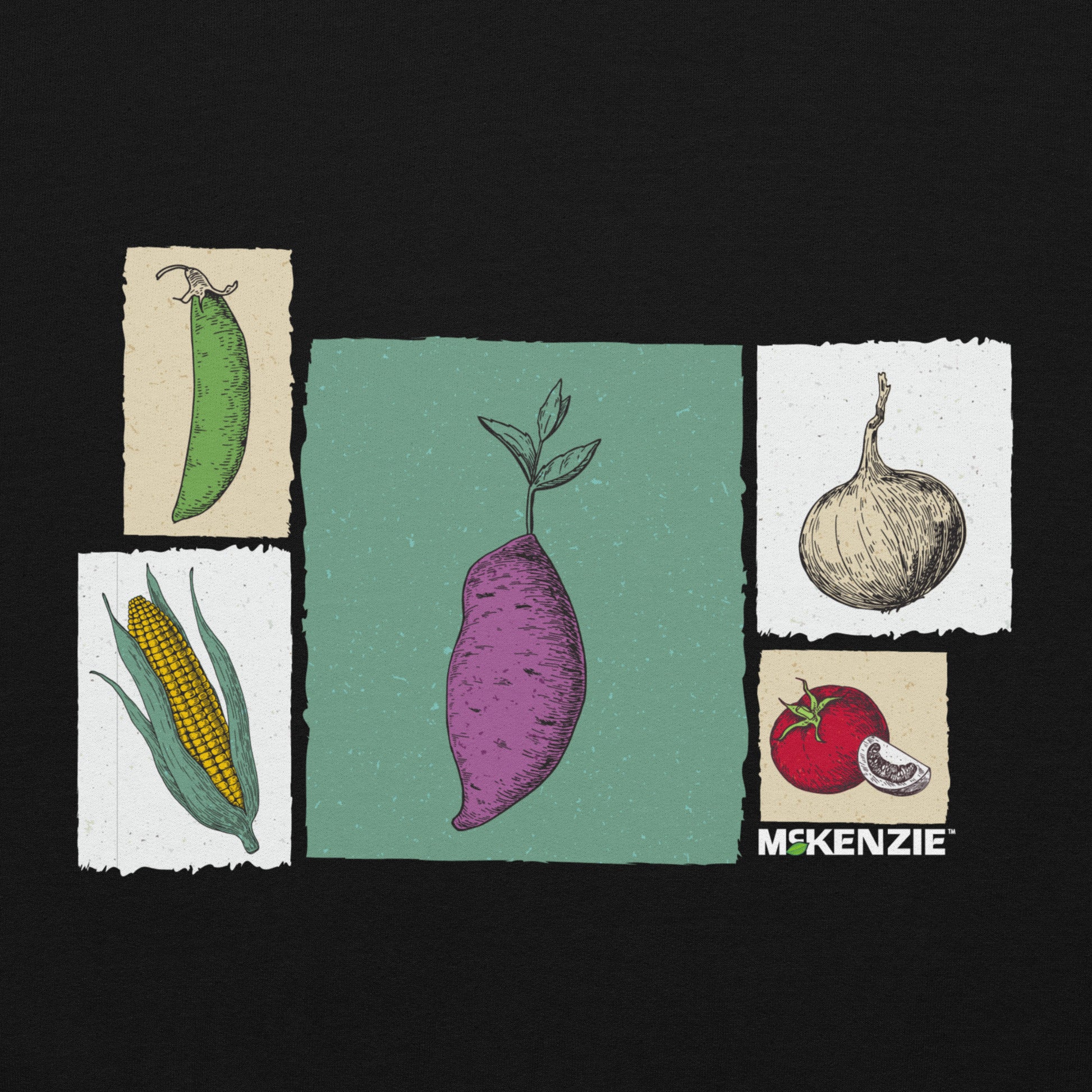 Illustrations of vegetables on a black background with 'Mckenzie' branding.