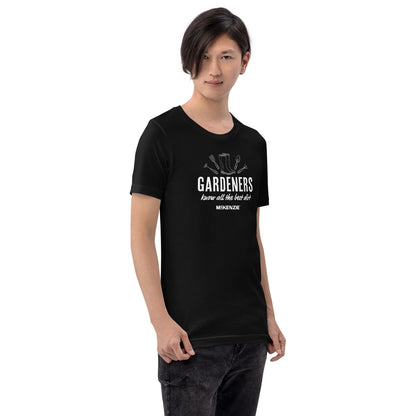 Person wearing a black t-shirt with 'GARDENERS Know all the best Dirt' text on a white background