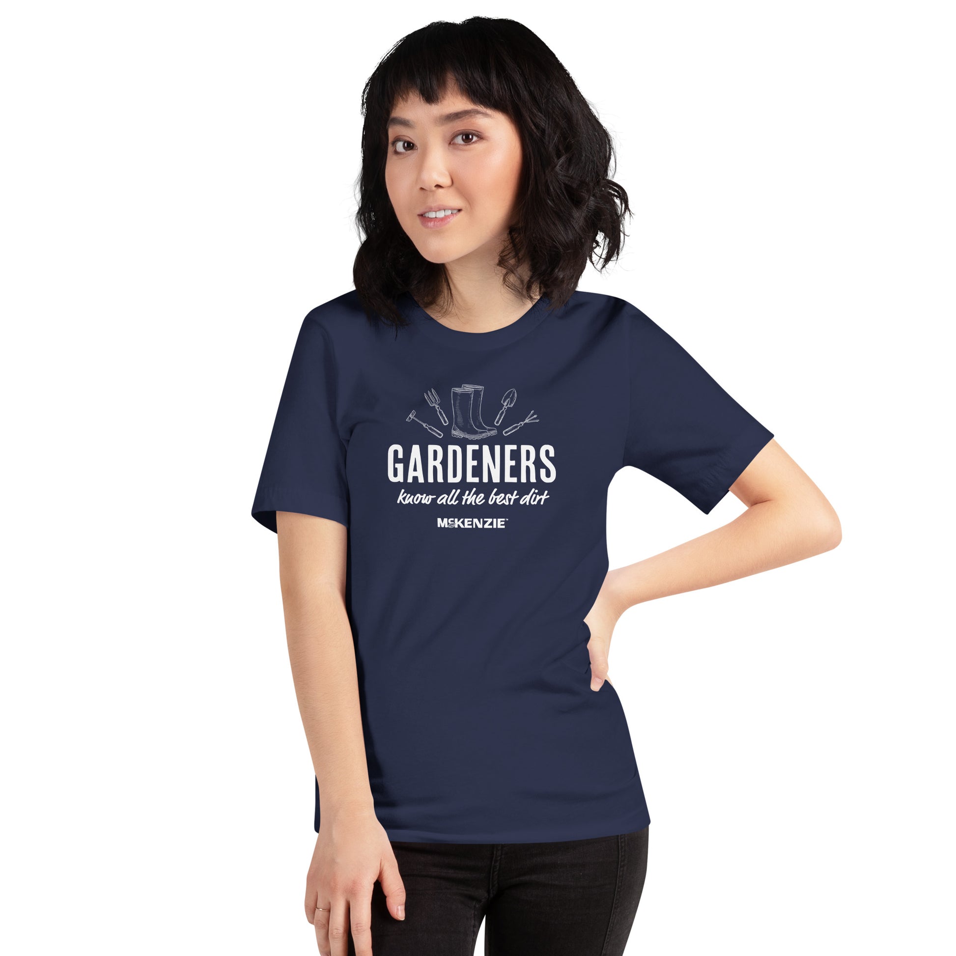 Person wearing a navy blue t-shirt with a logo on a white background