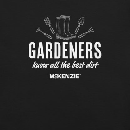 Gardening-themed graphic with boots, tools, and text on a black background