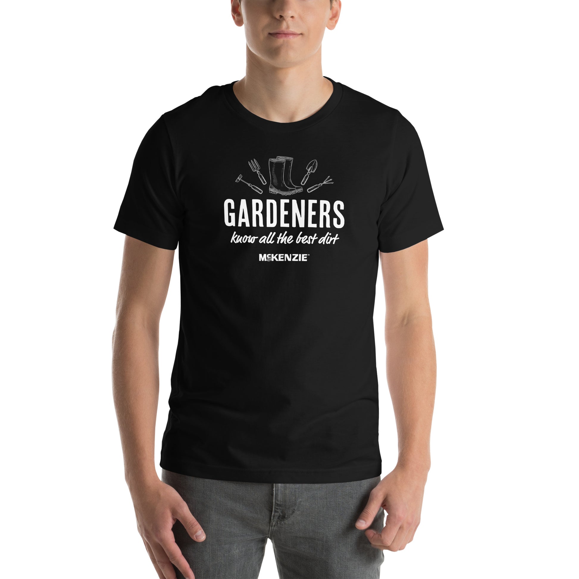 Person wearing a black t-shirt with white text and graphics on a white background