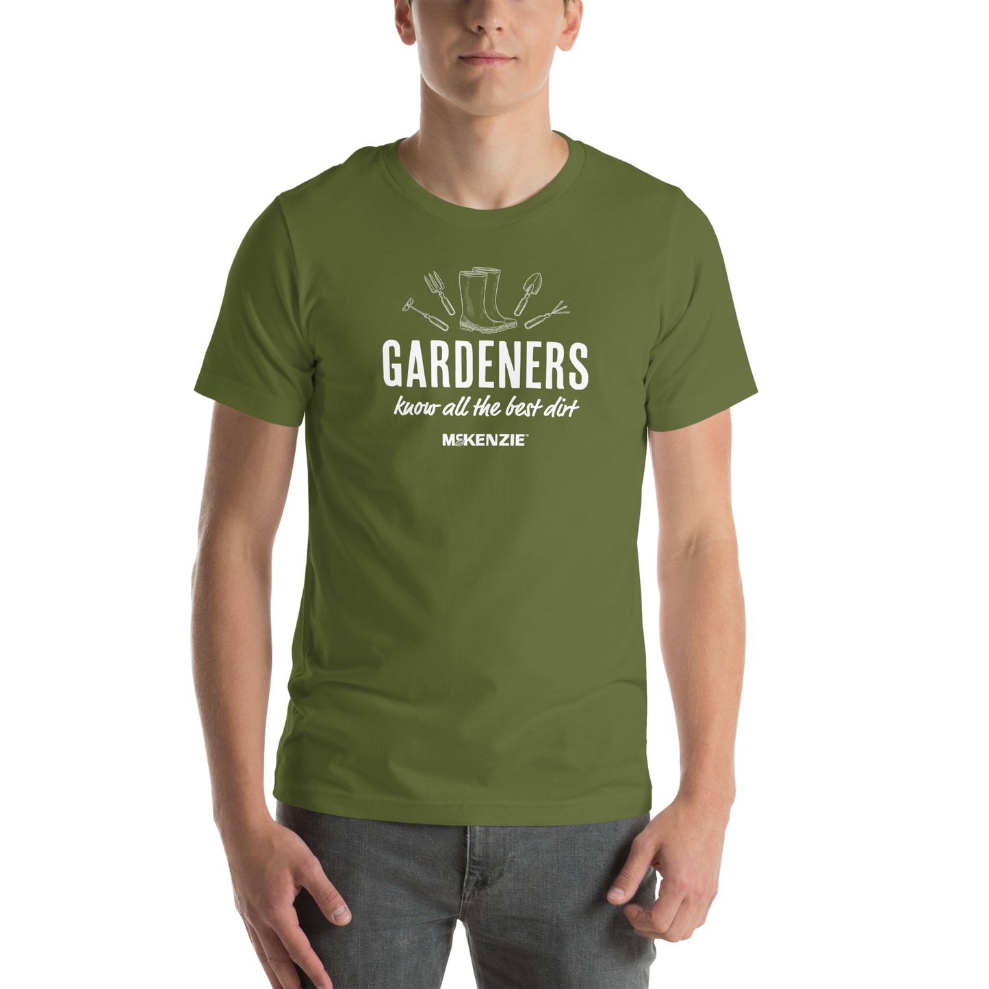 Person wearing a green t-shirt with gardening-themed text and graphics on a white background