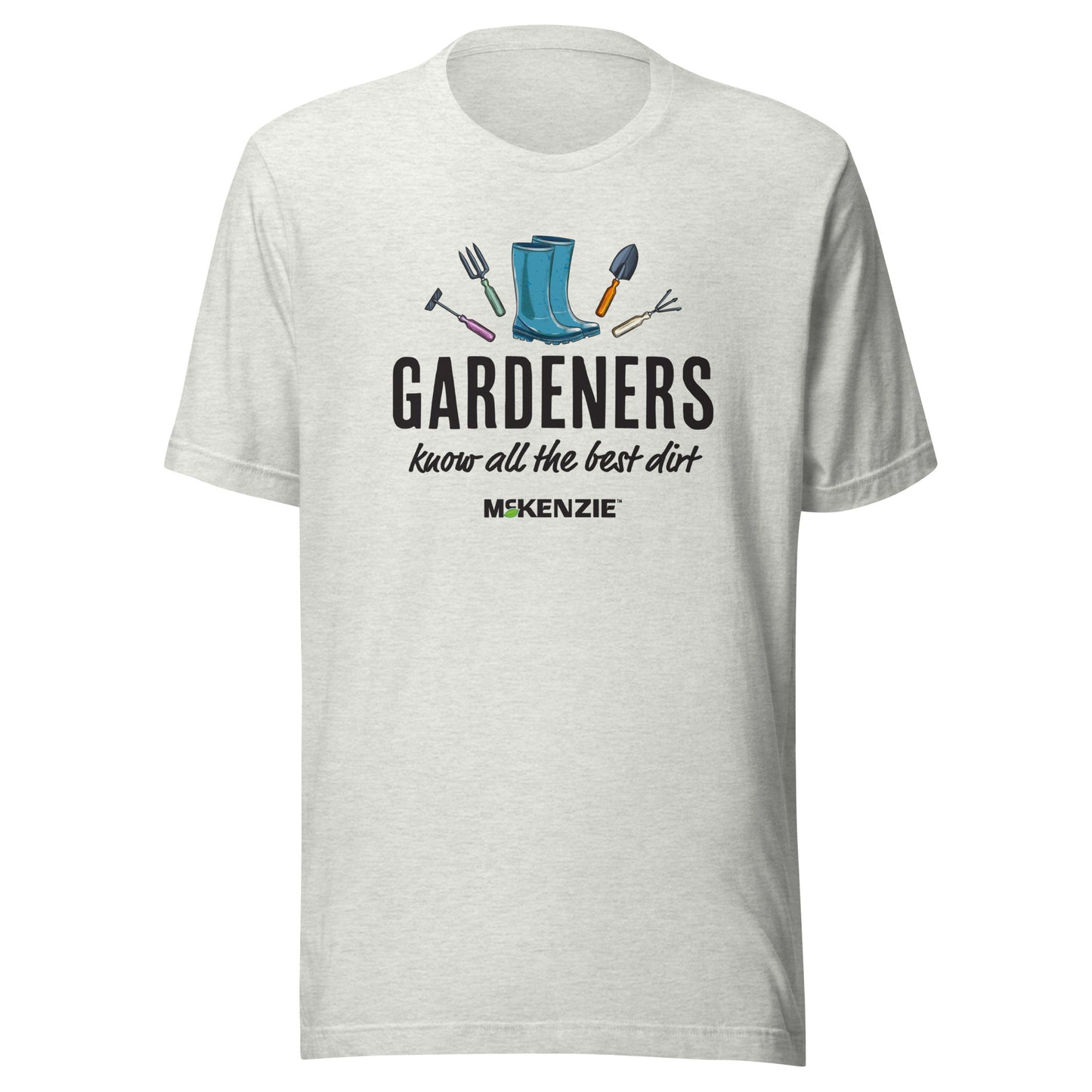 Person wearing a white t-shirt with gardening-themed design and text.