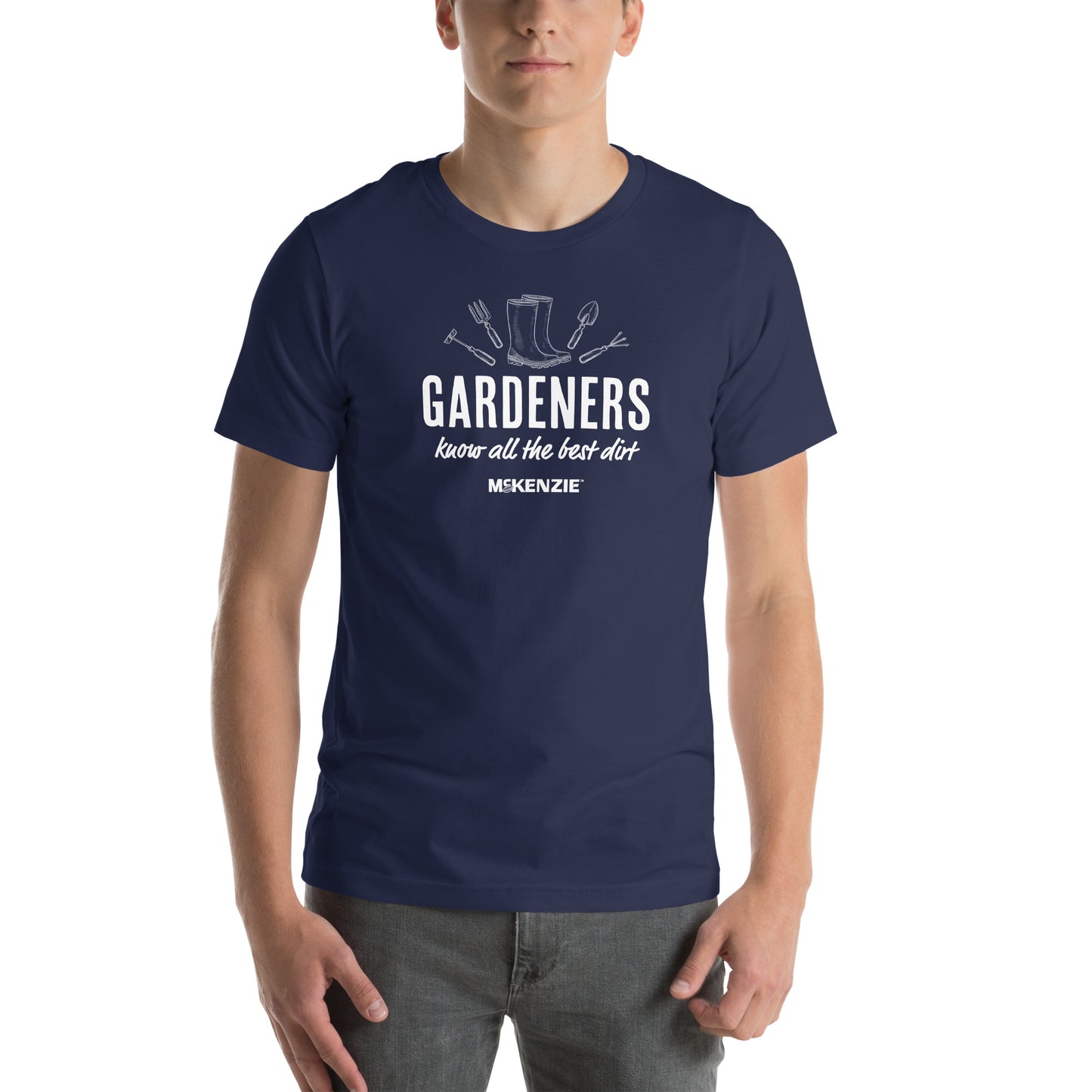 Person wearing a navy blue t-shirt with white text and graphics on a white background