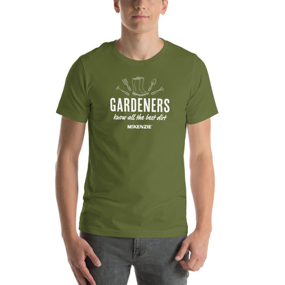 Person wearing a green t-shirt with gardening-themed text and graphics on a white background