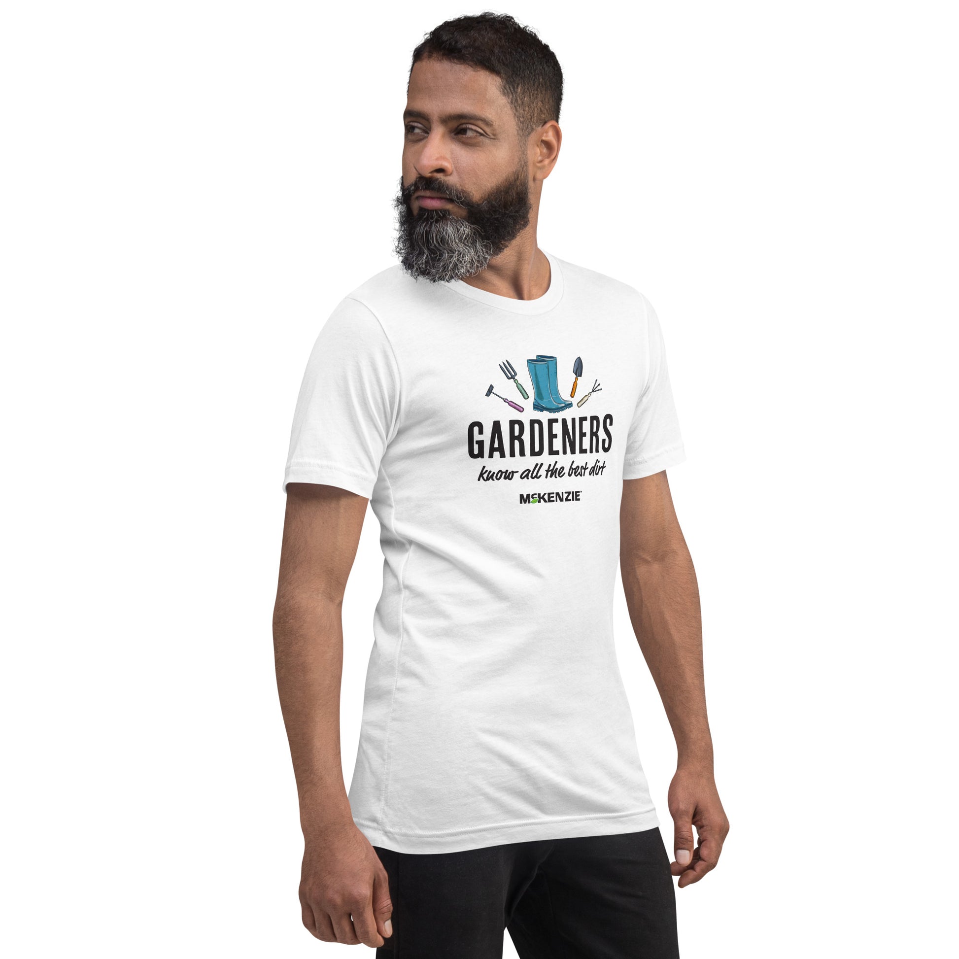 Man wearing a white t-shirt with a graphic and text on a white background