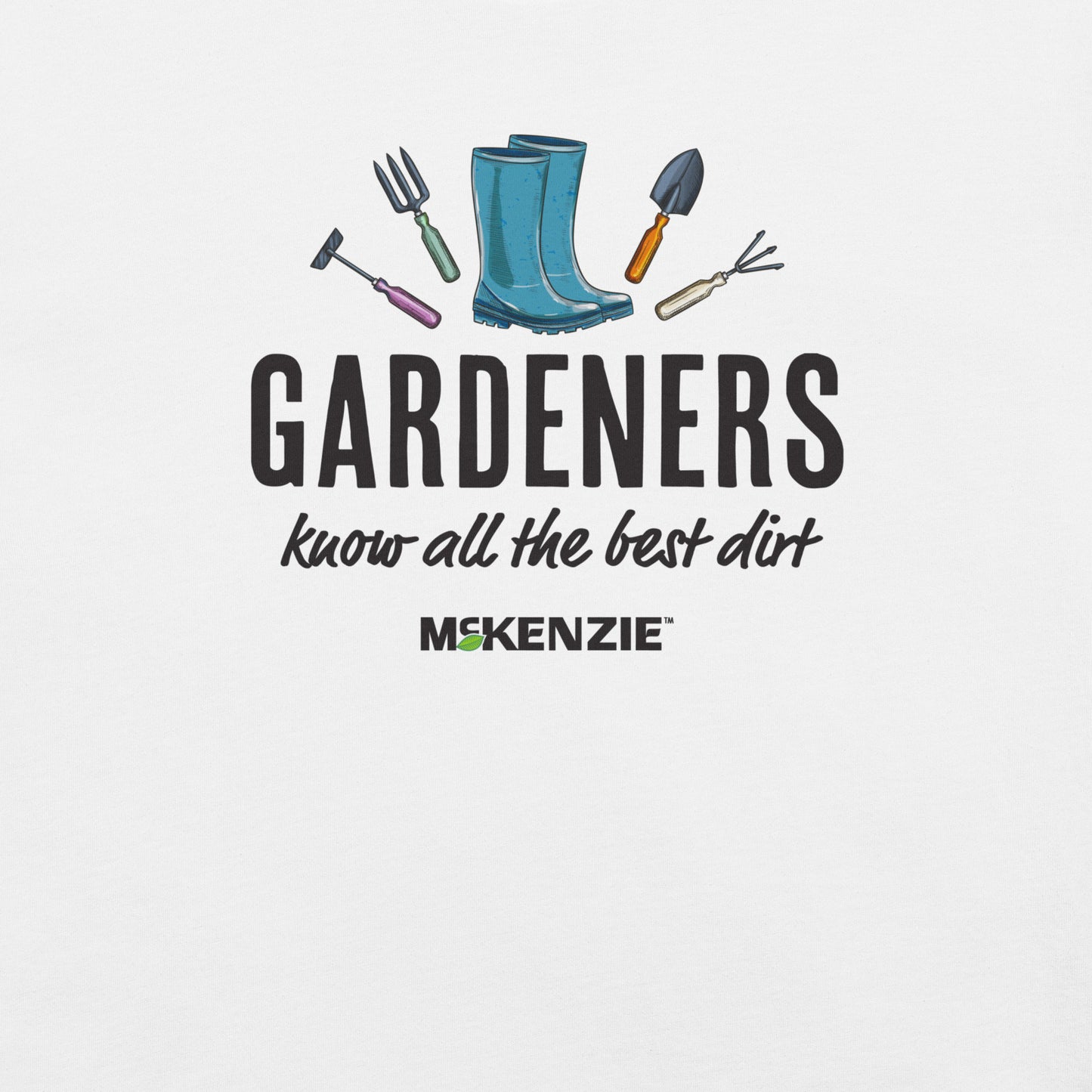 Gardening-themed graphic with boots, tools, and text 'Gardeners know all the best dirt McKenzie' on a light gray background.