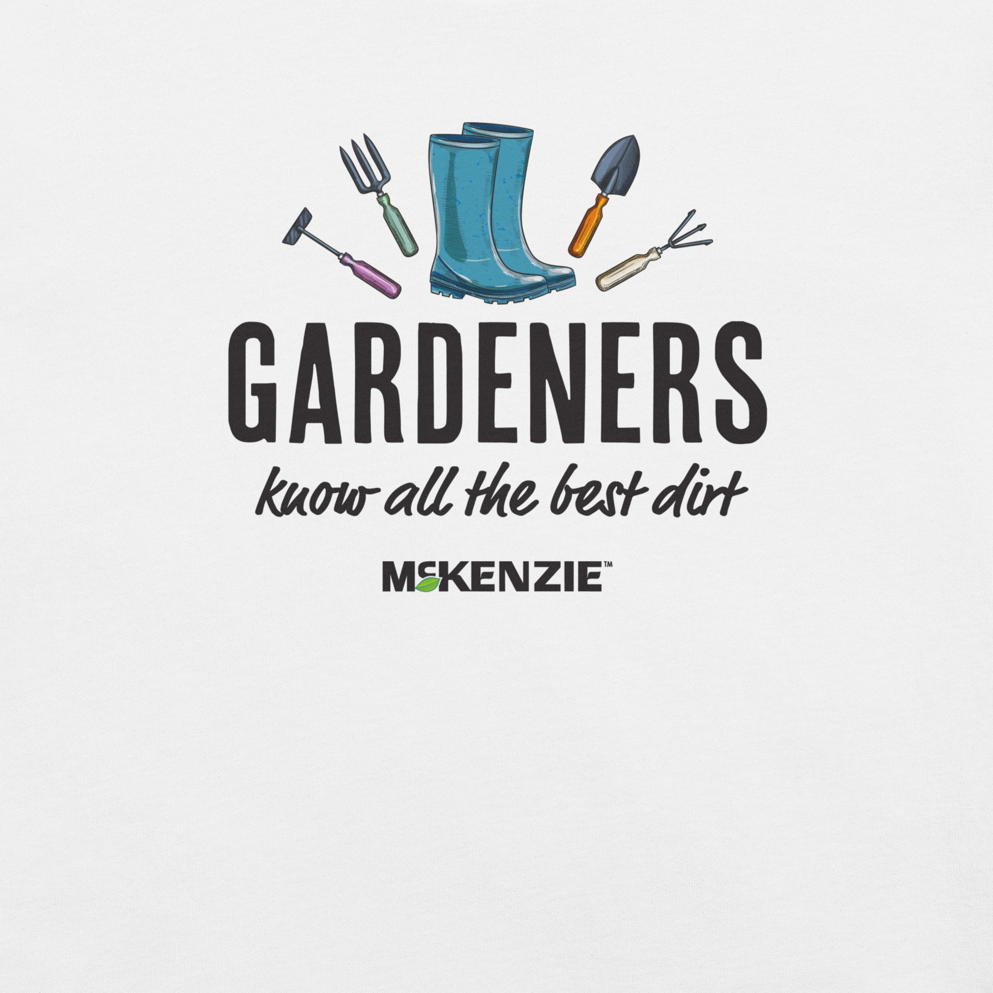 Gardening-themed graphic with boots, tools, and text 'Gardeners know all the best dirt McKenzie' on a light gray background.