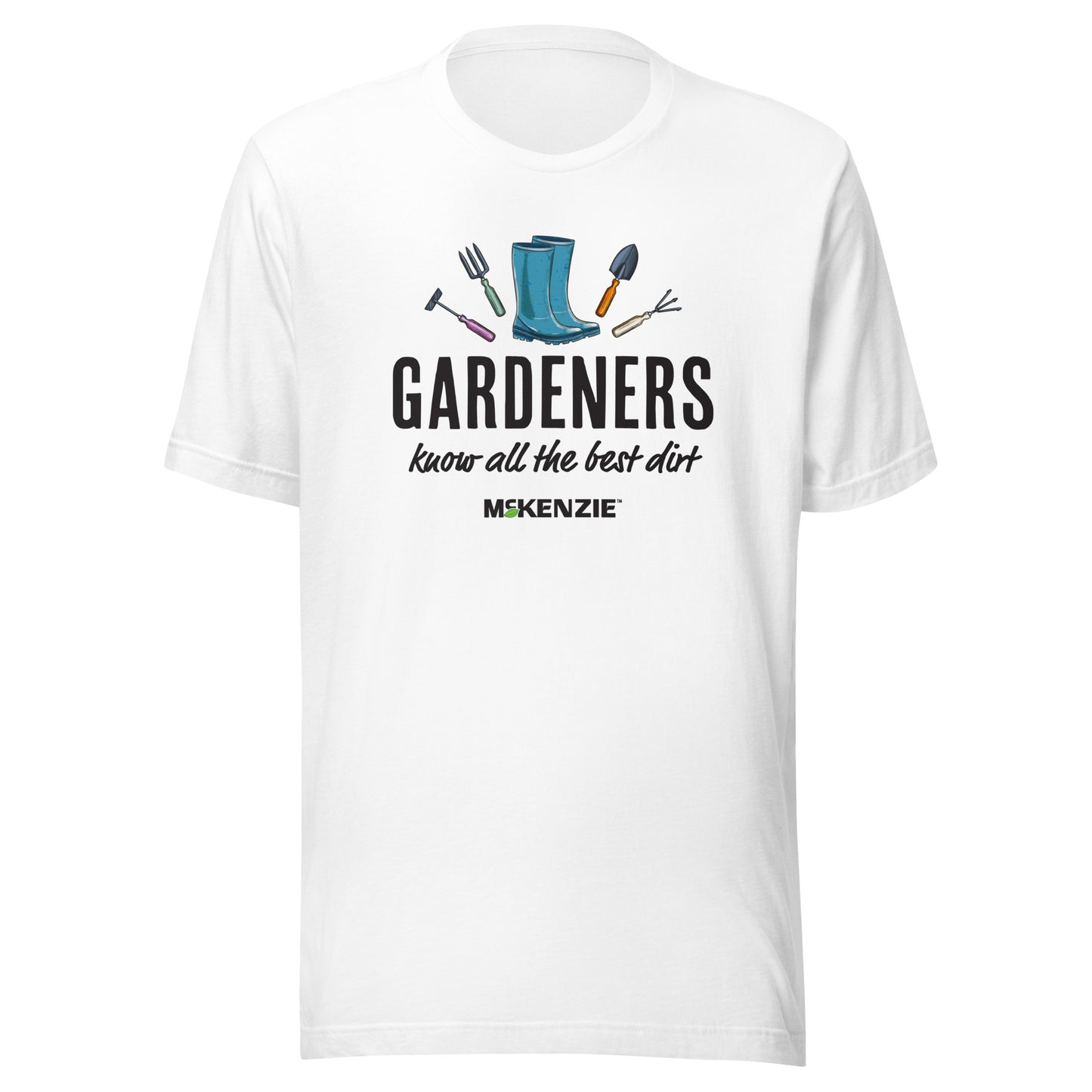 Person wearing a white t-shirt with gardening-themed design and text.
