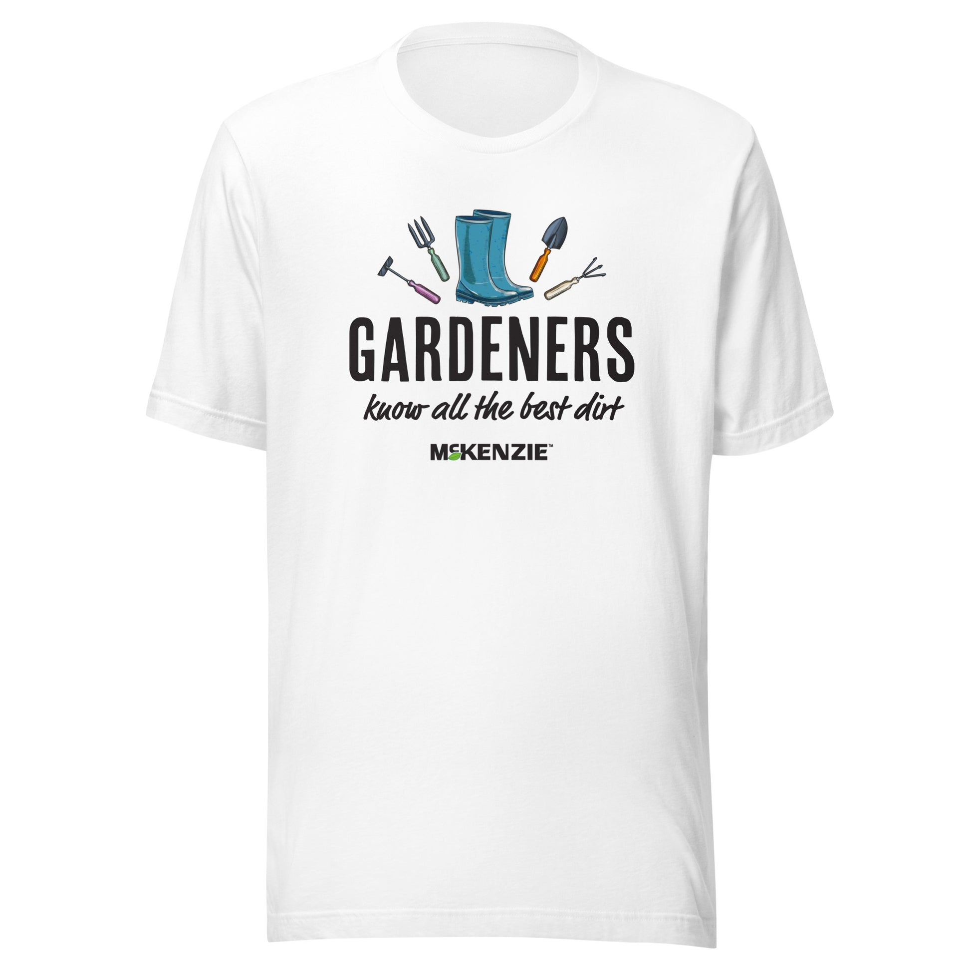 Person wearing a white t-shirt with gardening-themed design and text.