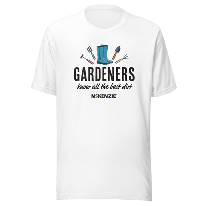 Person wearing a white t-shirt with gardening-themed design and text.
