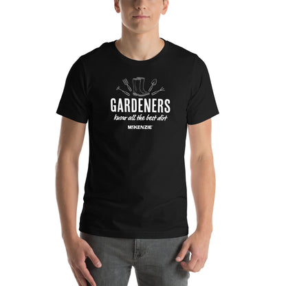Person wearing a black t-shirt with white text and graphics on a white background