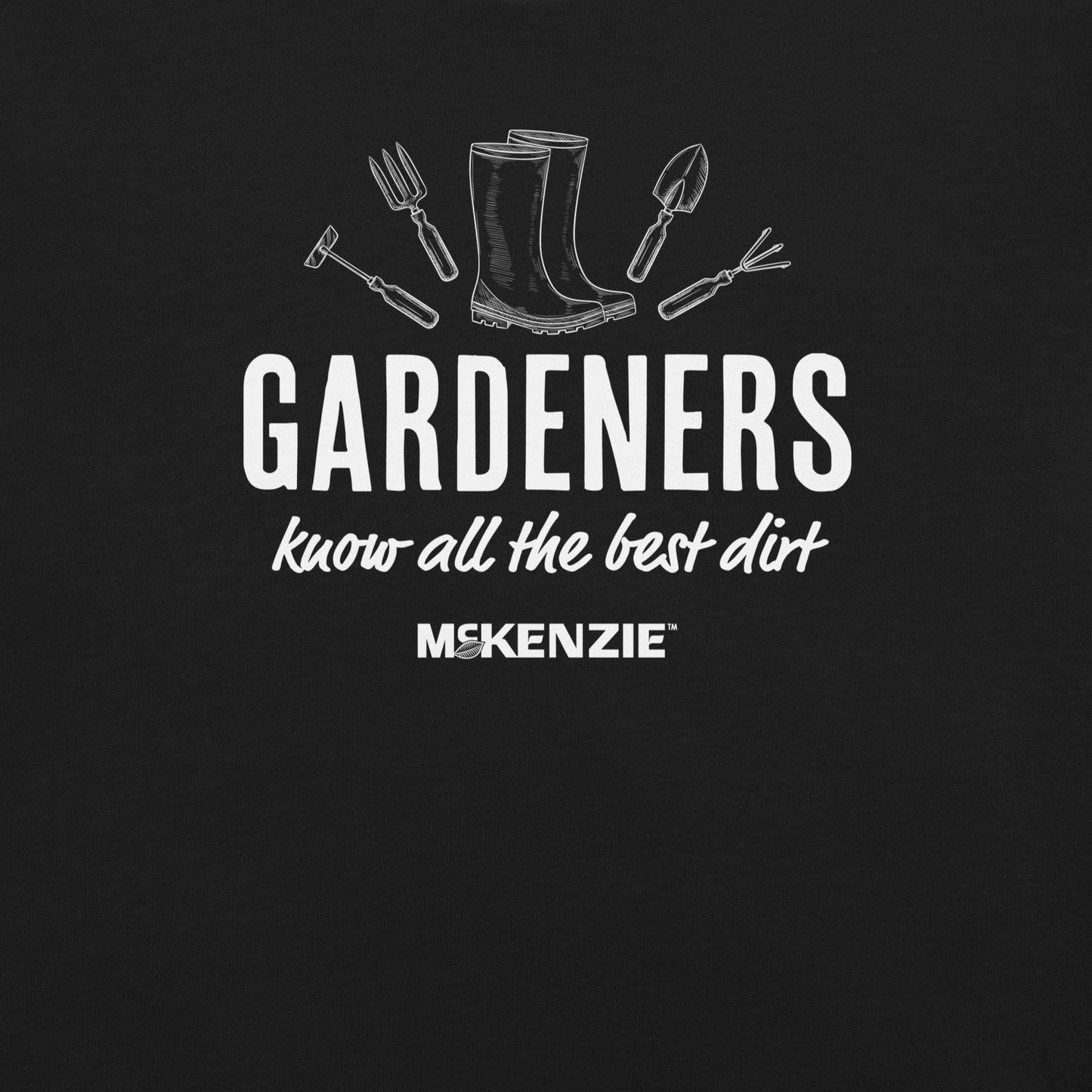 Gardening-themed graphic with boots, tools, and text on a black background