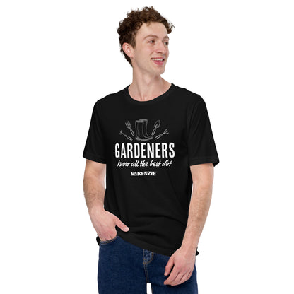 Man wearing a black t-shirt with a white graphic design and text on a white background