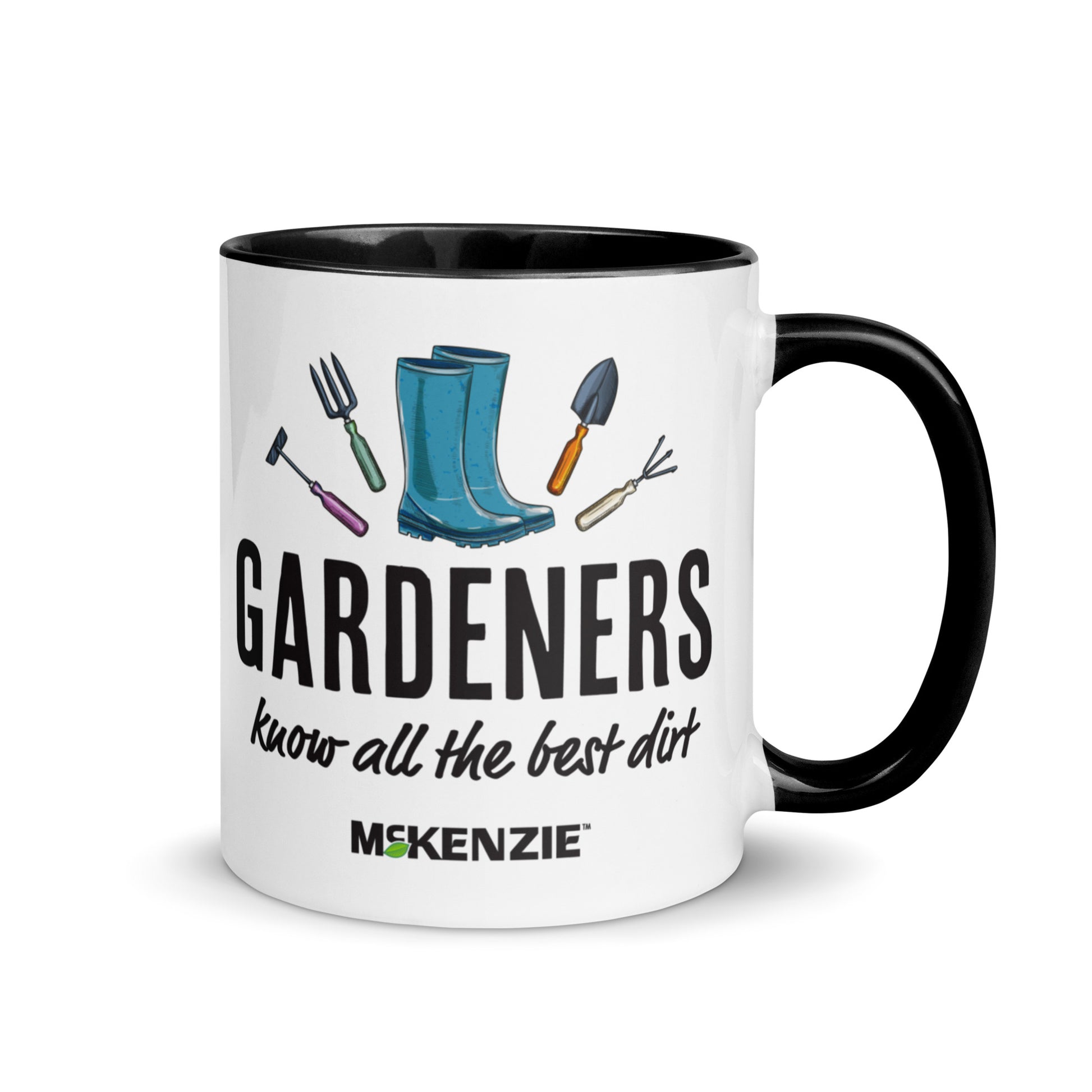 White mug with black handle featuring gardening-themed design and text.