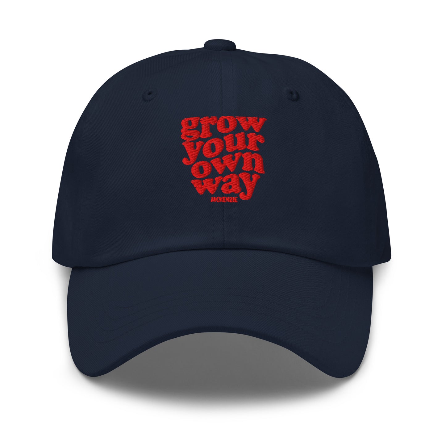 A navy baseball cap with red embroidered text reading on a clean white background.