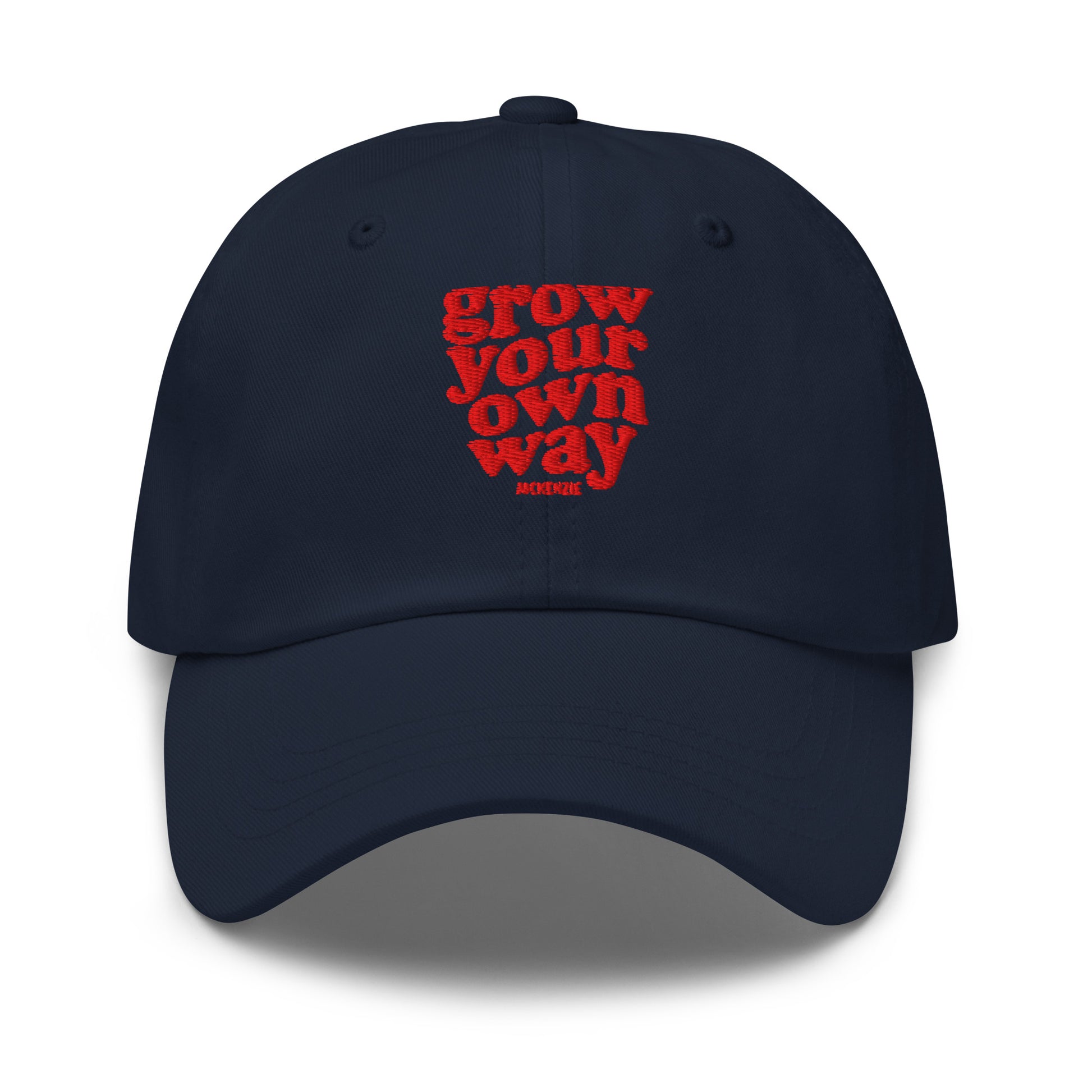 A navy baseball cap with red embroidered text reading on a clean white background.
