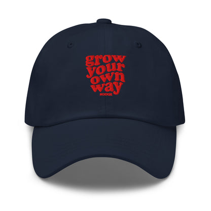 A navy baseball cap with red embroidered text reading on a clean white background.