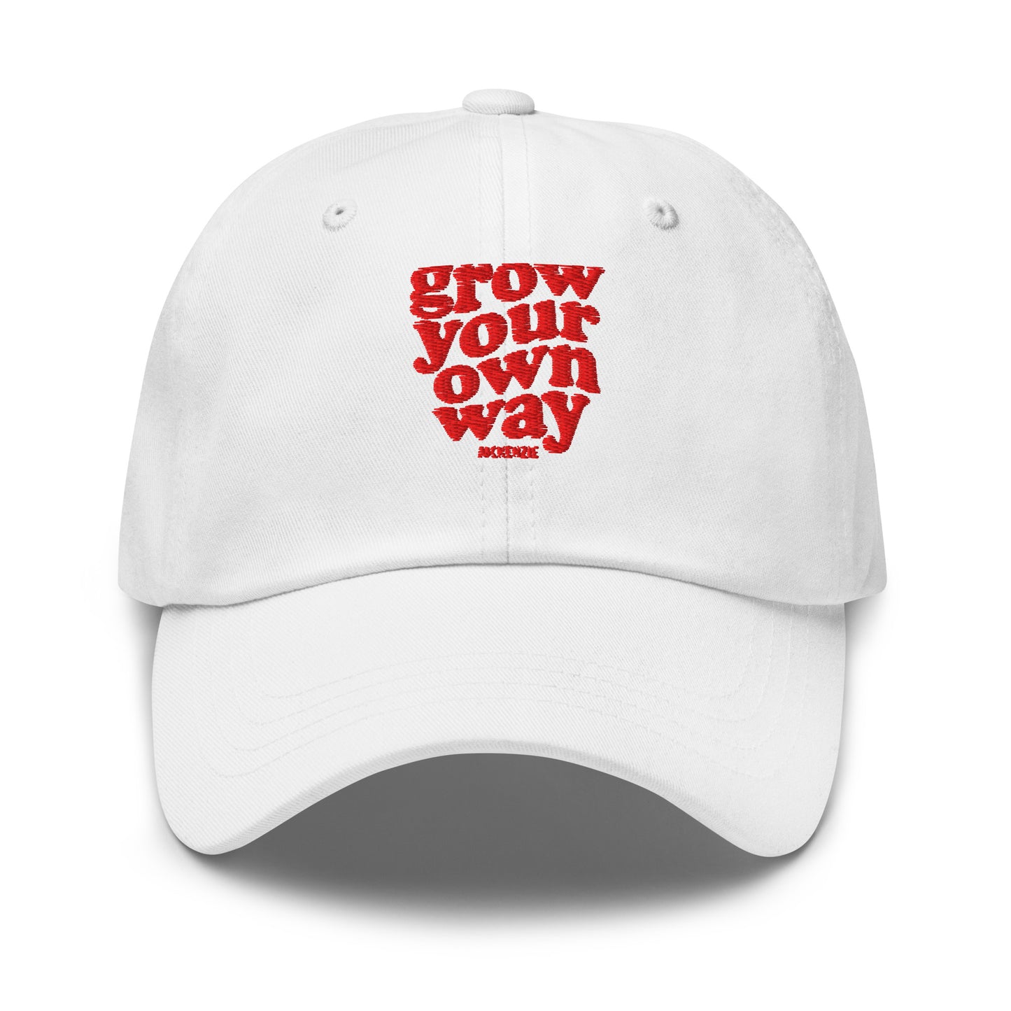 A white baseball cap with red embroidered text reading, shown on a clean white background.