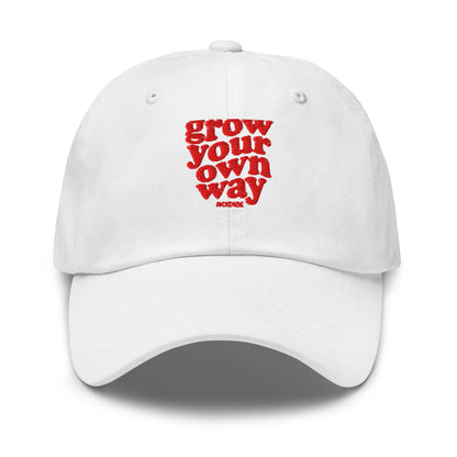 A white baseball cap with red embroidered text reading, shown on a clean white background.