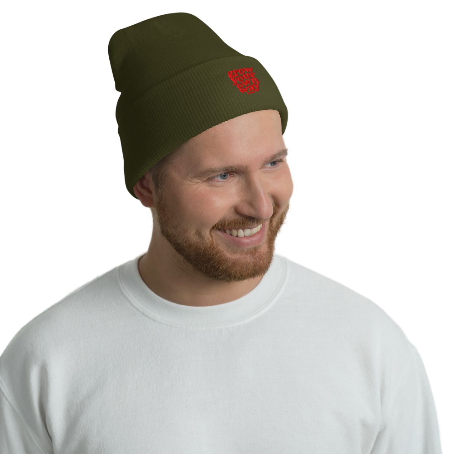 Man wearing a green beanie with a logo on a white background