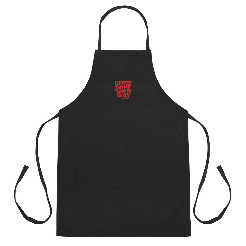 Black apron with a red logo on a white background
