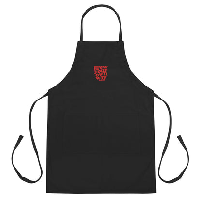 Black apron with a red logo on a white background
