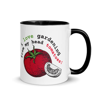 Mug with tomato design and text 'I love gardening from my head tomatoes!' on a white background