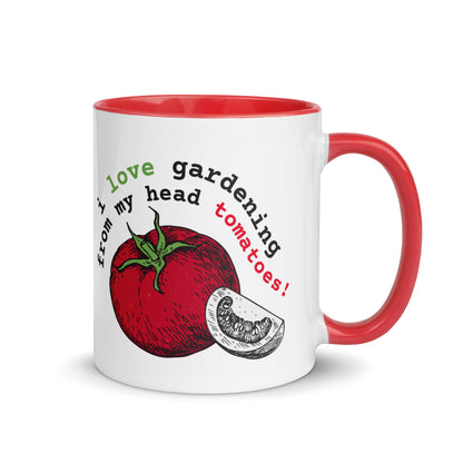 White mug with red interior and handle, featuring a tomato illustration and text.