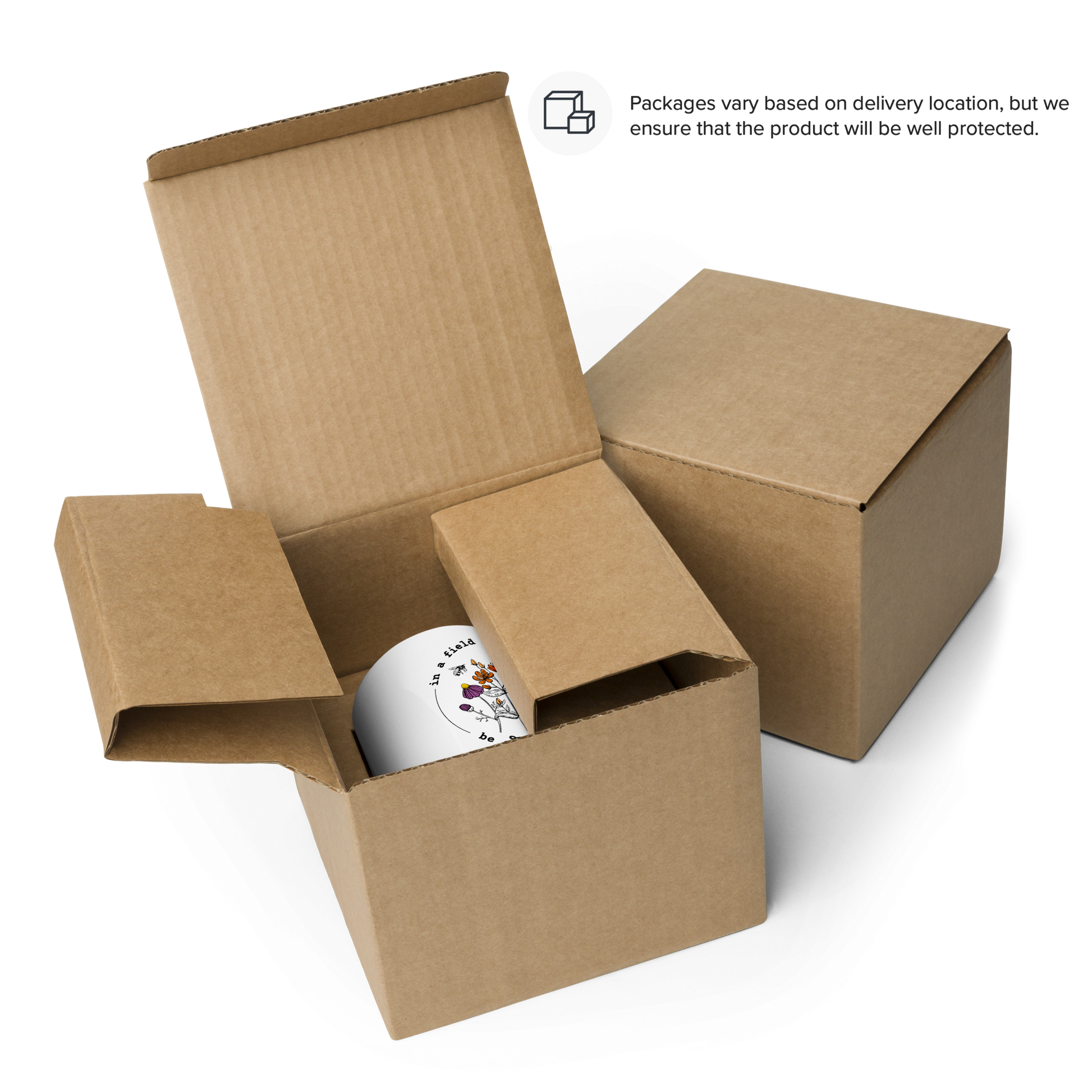 Brown cardboard box with a white product inside on a white background