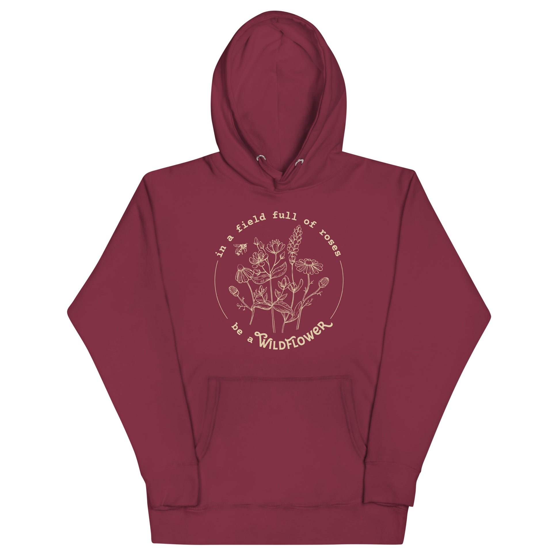 Maroon hoodie with a logo and text on a white background