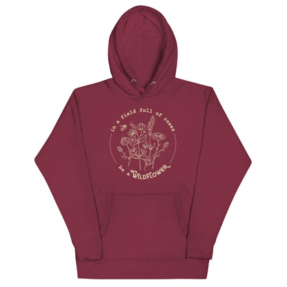 Maroon hoodie with a logo and text on a white background