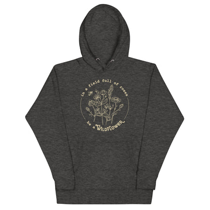 Grey hoodie with a logo and text on a white background