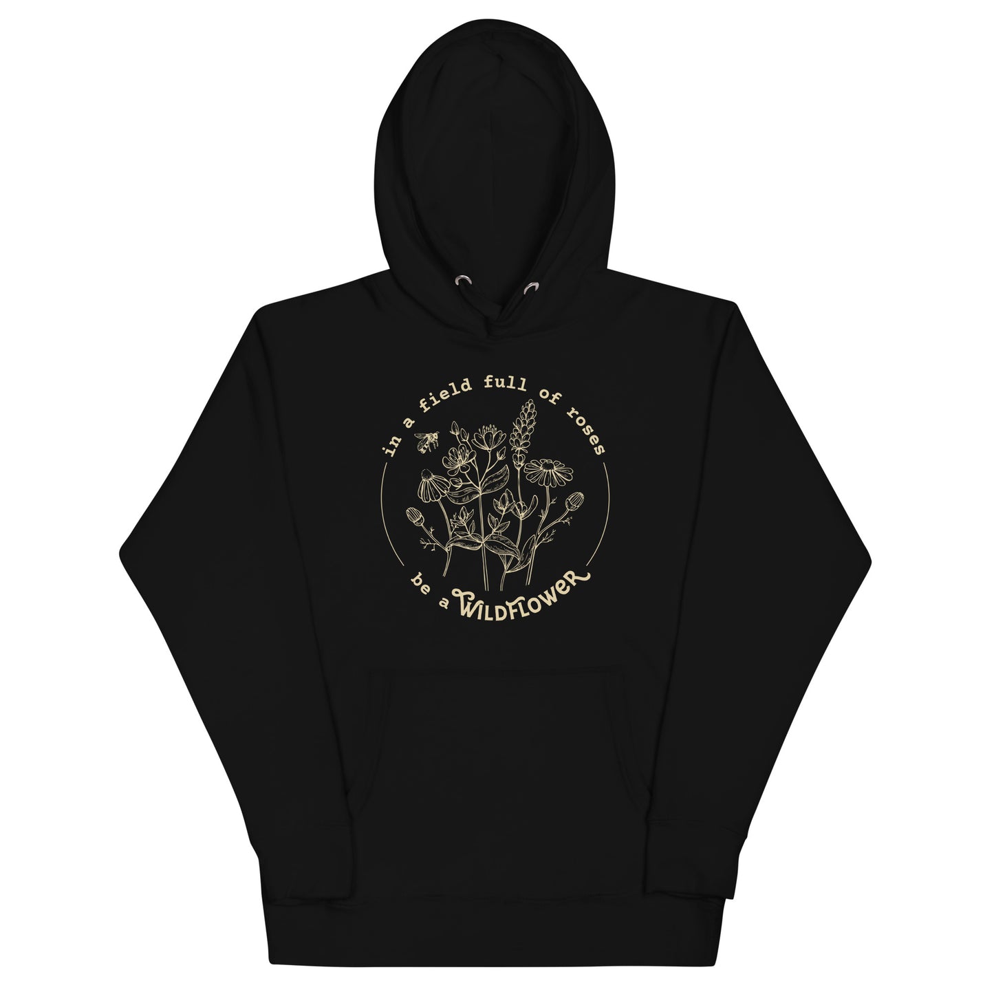 Black hoodie with a logo and text on a white background