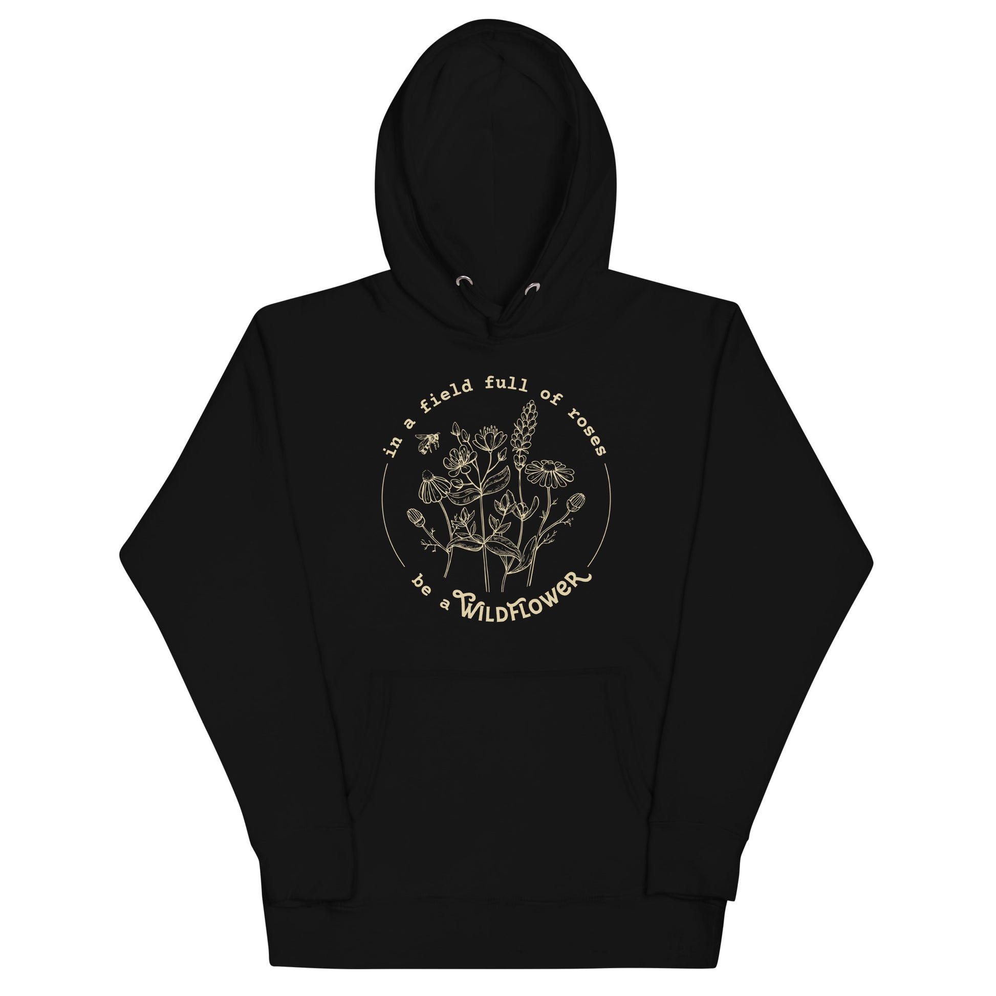 Black hoodie with a logo and text on a white background