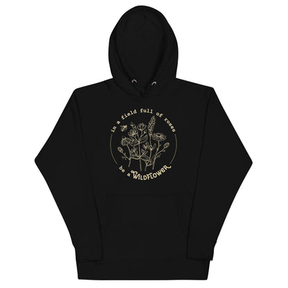 Black hoodie with a logo and text on a white background