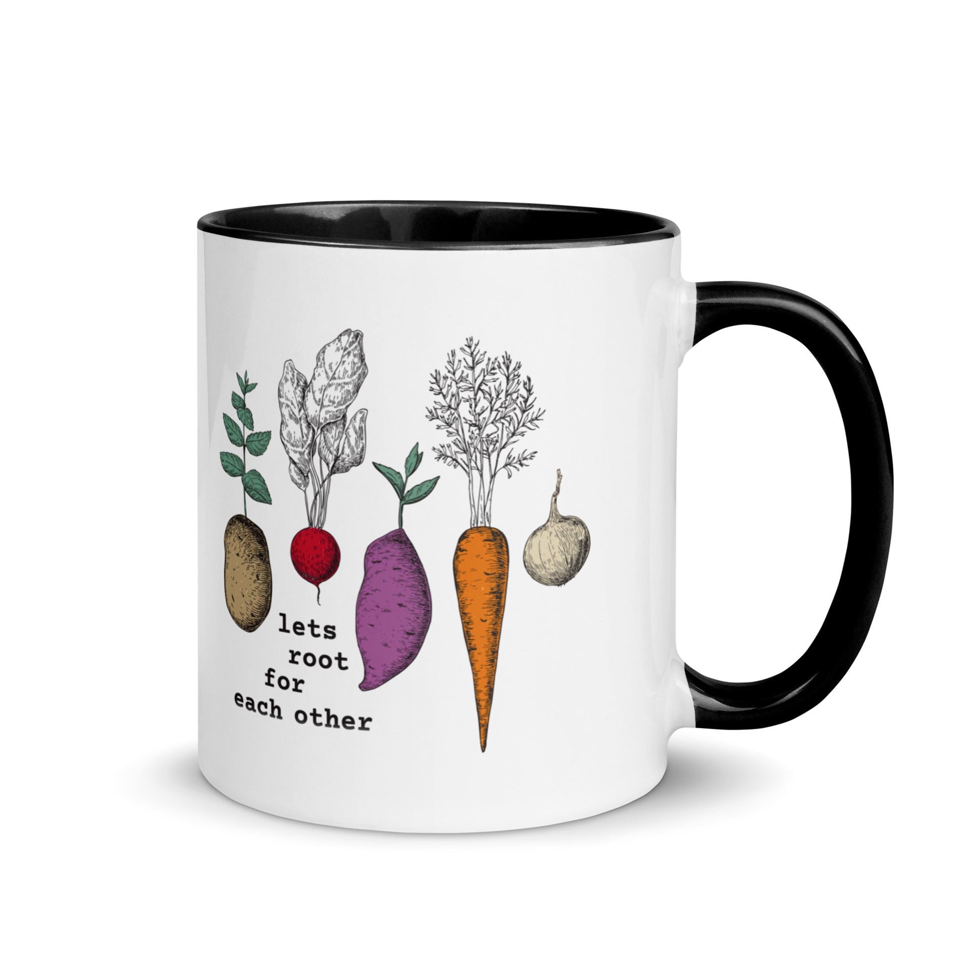 Mug with illustrations of vegetables and text 'let's root for each other' on a white background