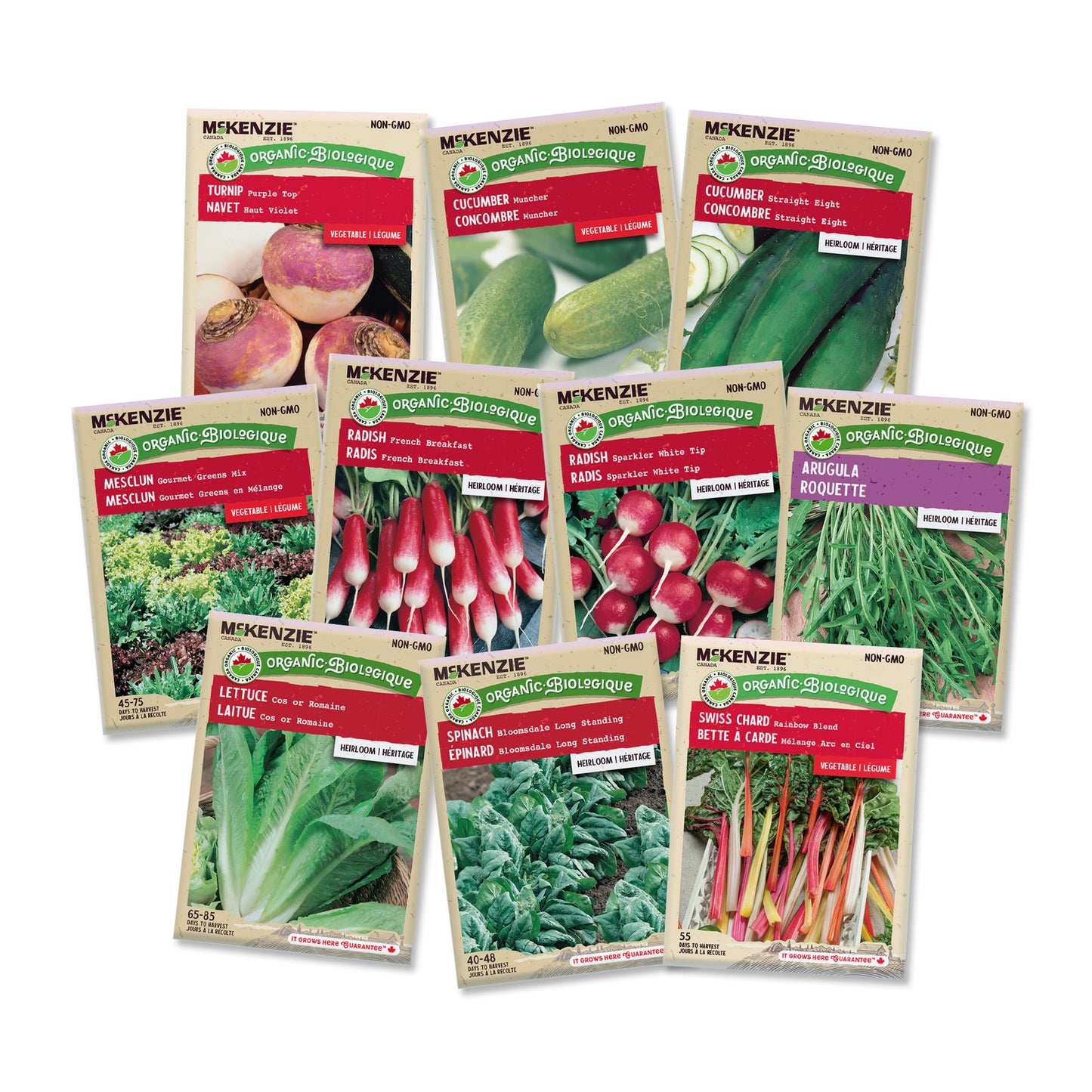 Collection of McKenzie Organic vegetable seed packets on a white background