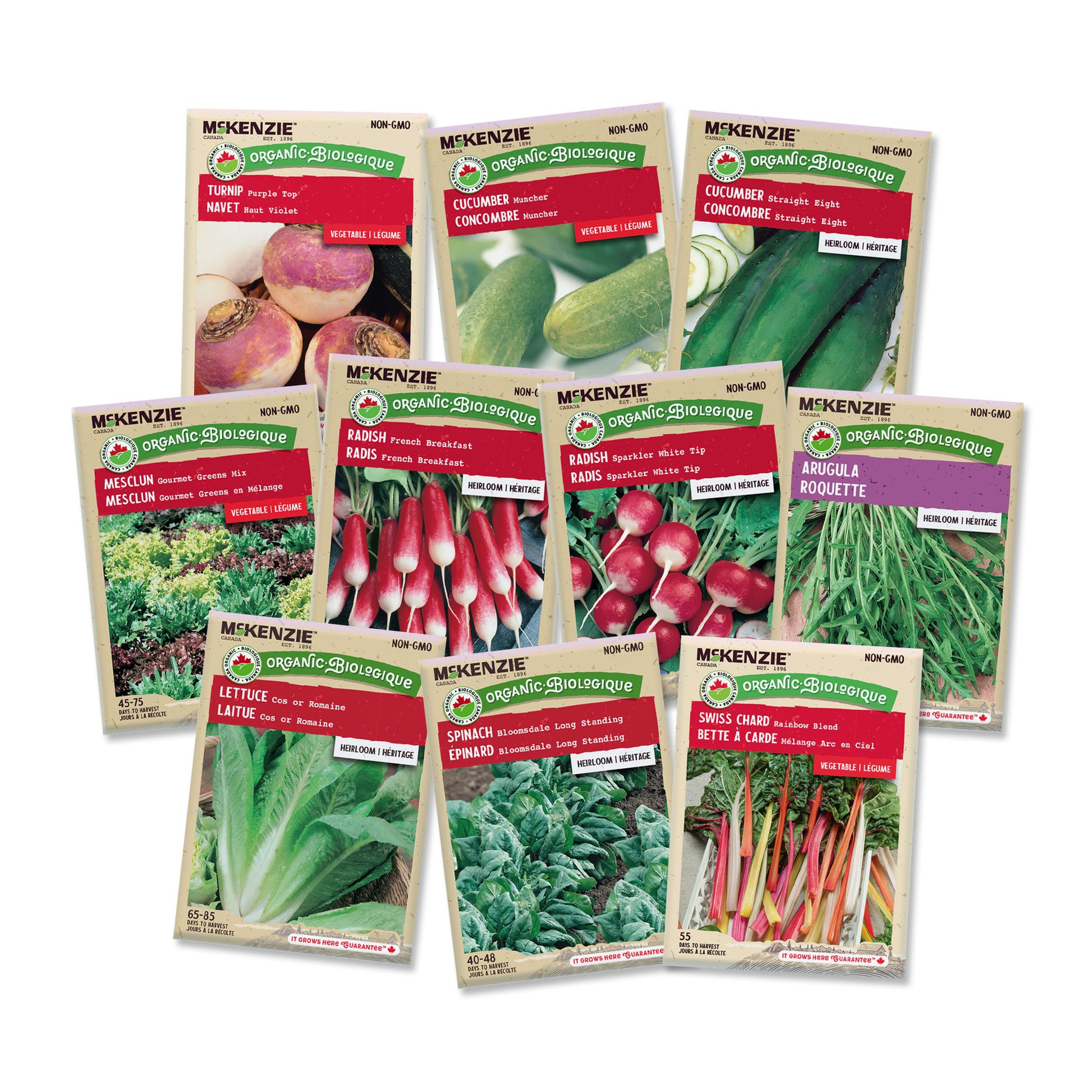 Collection of McKenzie Organic vegetable seed packets on a white background