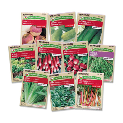 Collection of McKenzie Organic vegetable seed packets on a white background