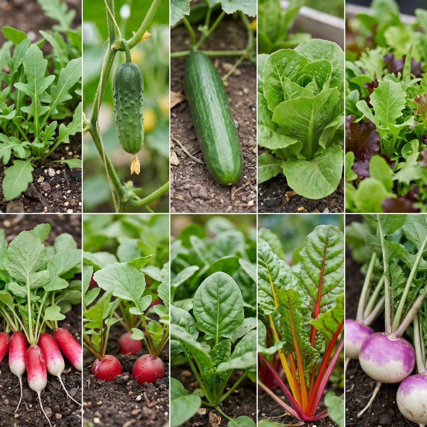 Collage of various vegetables growing in a garden.