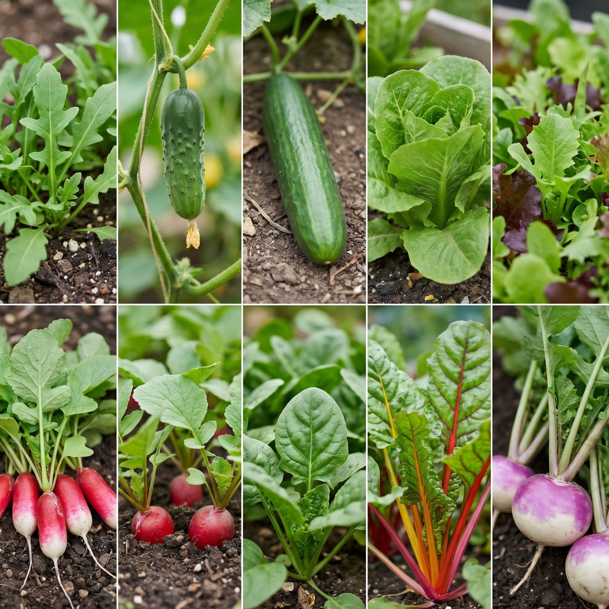 Collage of various vegetables growing in a garden.